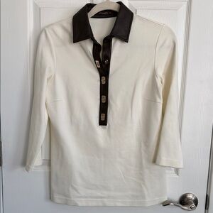 J.McLaughlin Cream Top with Brown Faux Leather Trim and Gold Buttons-XS NWOT!